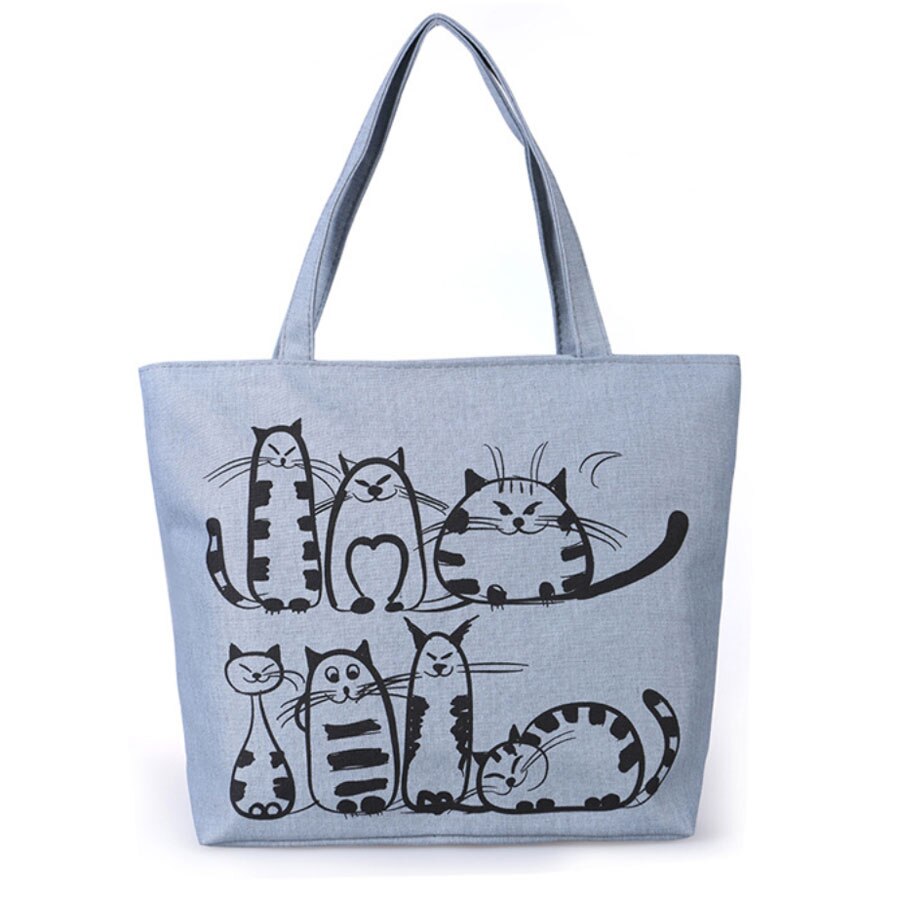 Nova moda mão desenhada gato dos desenhos animados sacos de lona impresso praia zíper grande capacidade saco lona tote compras bolsas