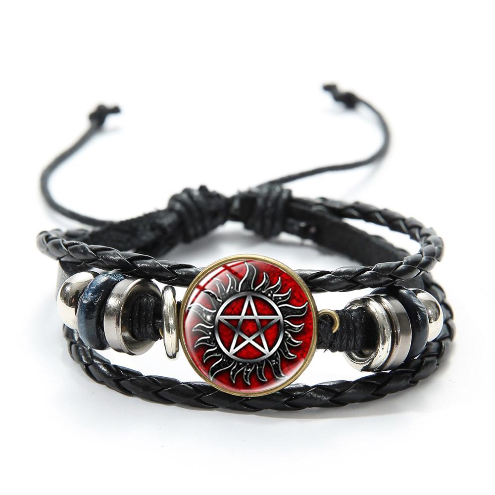 SIAN Supernatural Dean Leather Bracelet Popular TV Supernatural Sam Pentagram Sign Glass Time Gem Adjustable Beaded Bracelet: Style 3