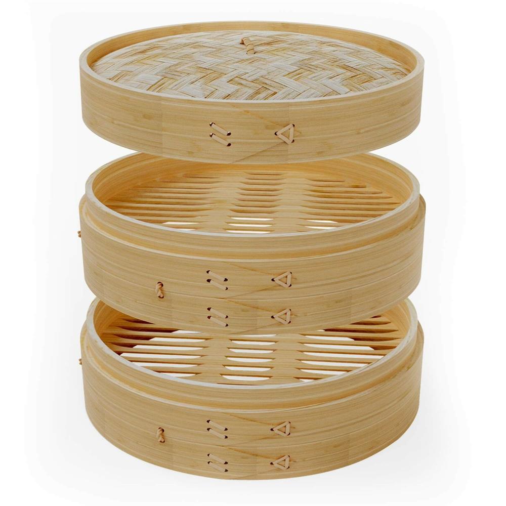 10/15/18/20/25.5cm 2 niveauer naturlig bambusbur dumpling damperkurv med låg bao bolle dampkogere køkken madlavningsredskaber