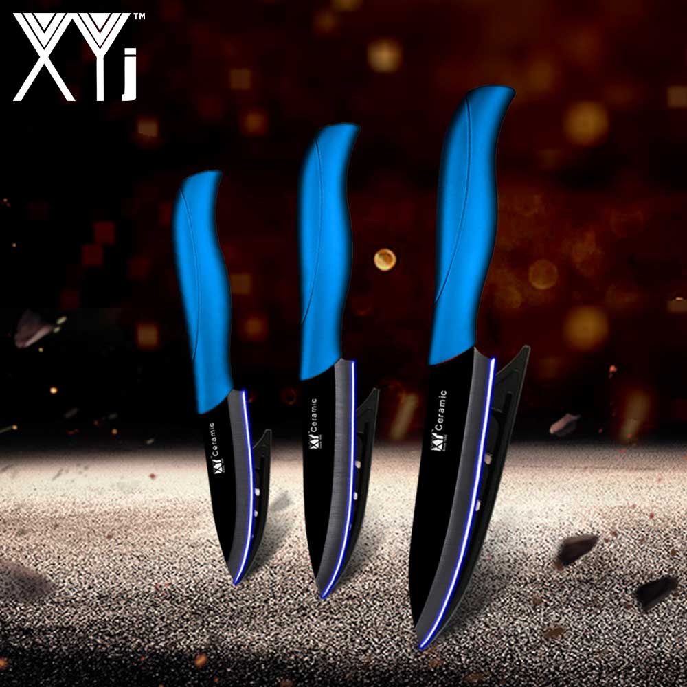 Xyj kök keramiska kniv set 3 " paring 4 " utility 5 " skivare matlagning keramiska knivar skarpt blad bekvämt handtag kockar verktyg: Blå h svart b