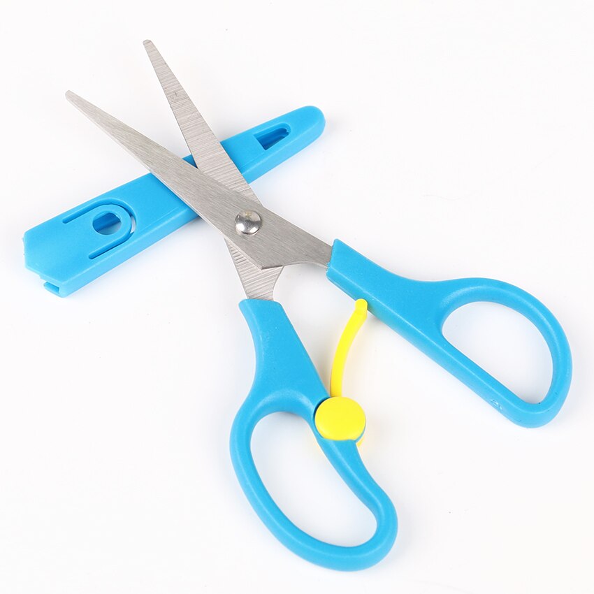 1PC Safety Sleeve Stainless Steel Scissors Safe Student Spring Scissor Children Paper Scissors Cutting Stationery Supplies: Blue
