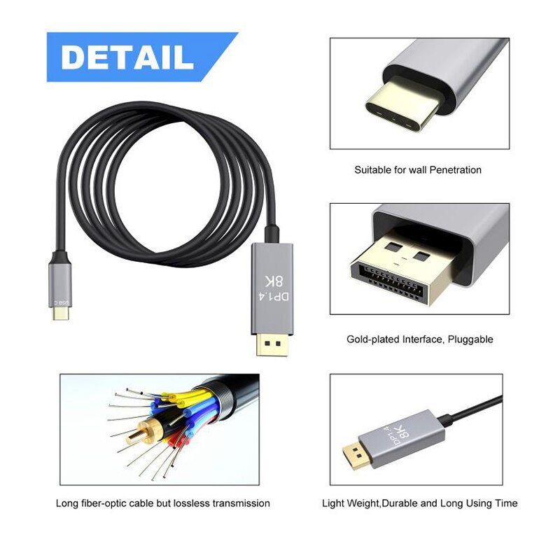 Usb-c til displayport kabel 8k @ 60hz 4k @ 144hz type -c 3.1 to dp 1. 4 adapter pd hurtigoplader til macpro display hud , 3m