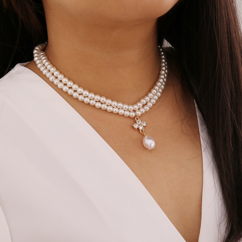 Dubbele Gelaagde Parel Ketting Voor Vrouwen Wit Imitatie Parel Choker Ketting Sleutelbeen Ketting Bruids Bruiloft Sieraden