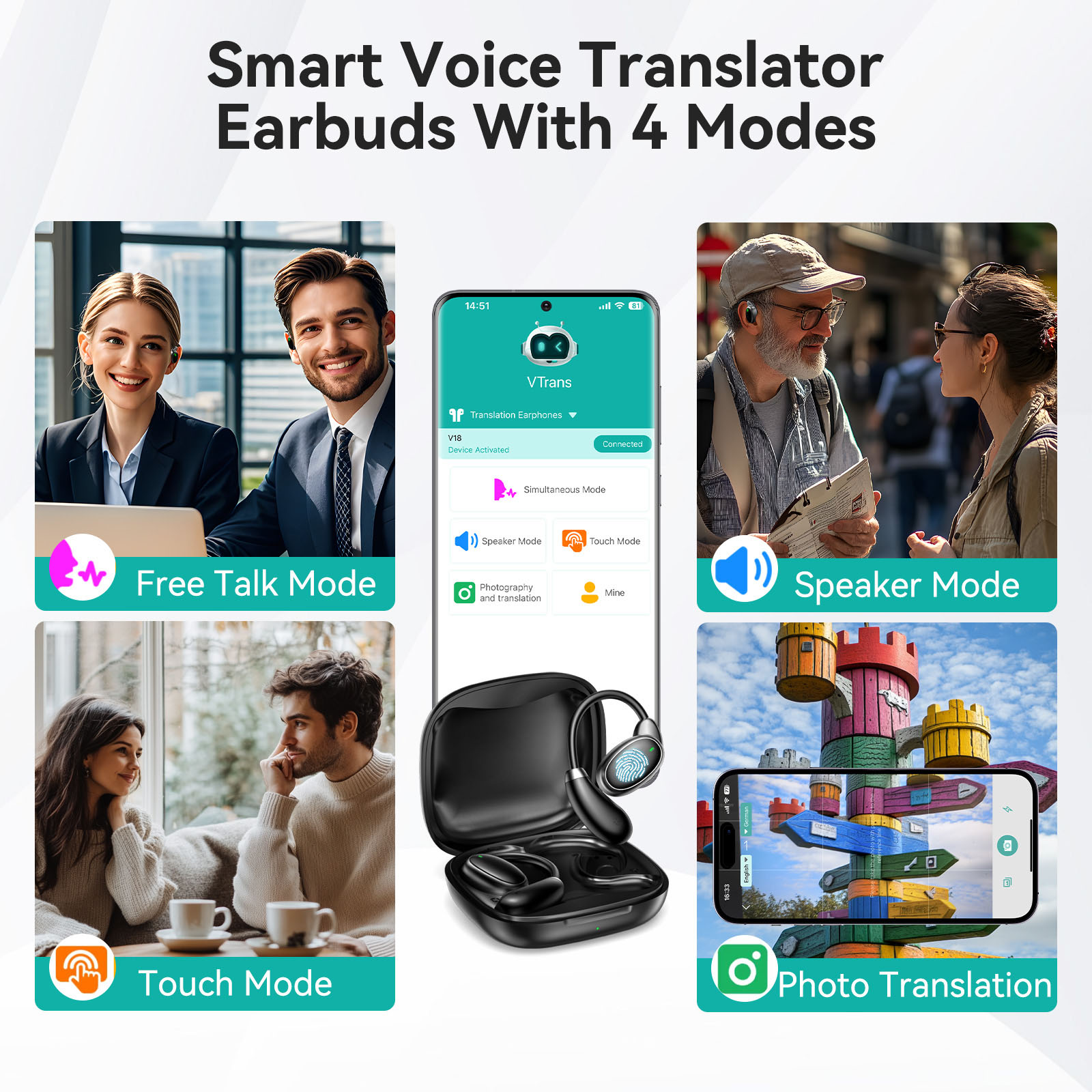 150 Languages Translator Earbuds Portable Two-way Instant Voice Translator Wireless Bluetooth Earphones for Travel Meeting Learn