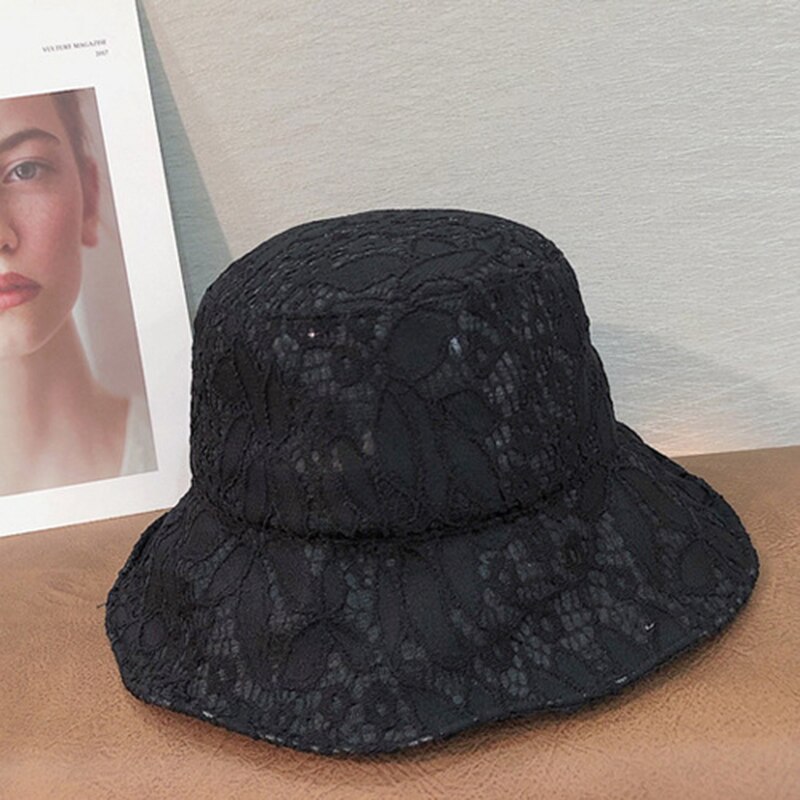 Newly Women Lace Hat Soft Lace Flower Wide Brim Sun Hats Floppy Hollow Fisherman Hats Bucket Hat: Black C