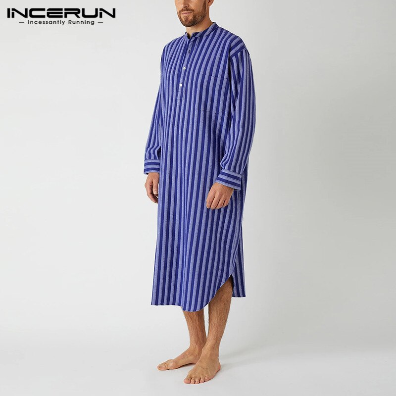 Men Striped Robes Sleepwear Stand Collar Long Sleeve Pockets Bathrobes Leisure Cozy Loose Mens Nightgowns Homewear S-5XL INCERUN