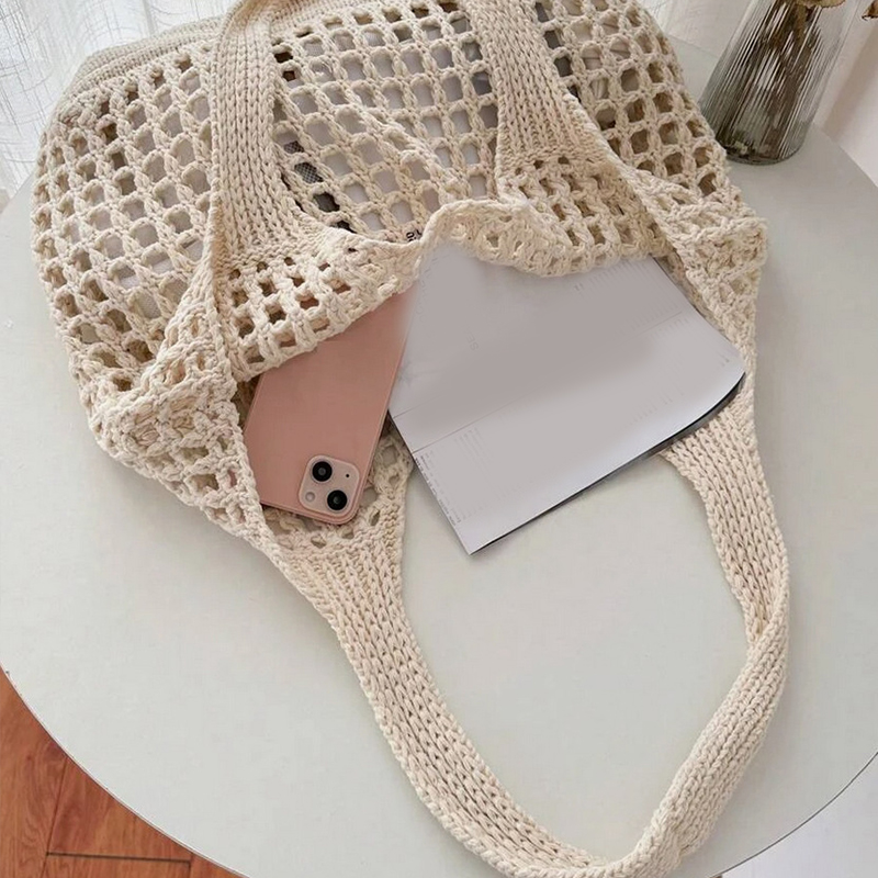 Bolsa tote feminina de crochê, bolsa de praia vazada, grande capacidade, moda de malha, cor sólida, bolsa de compras simples para viagens e férias