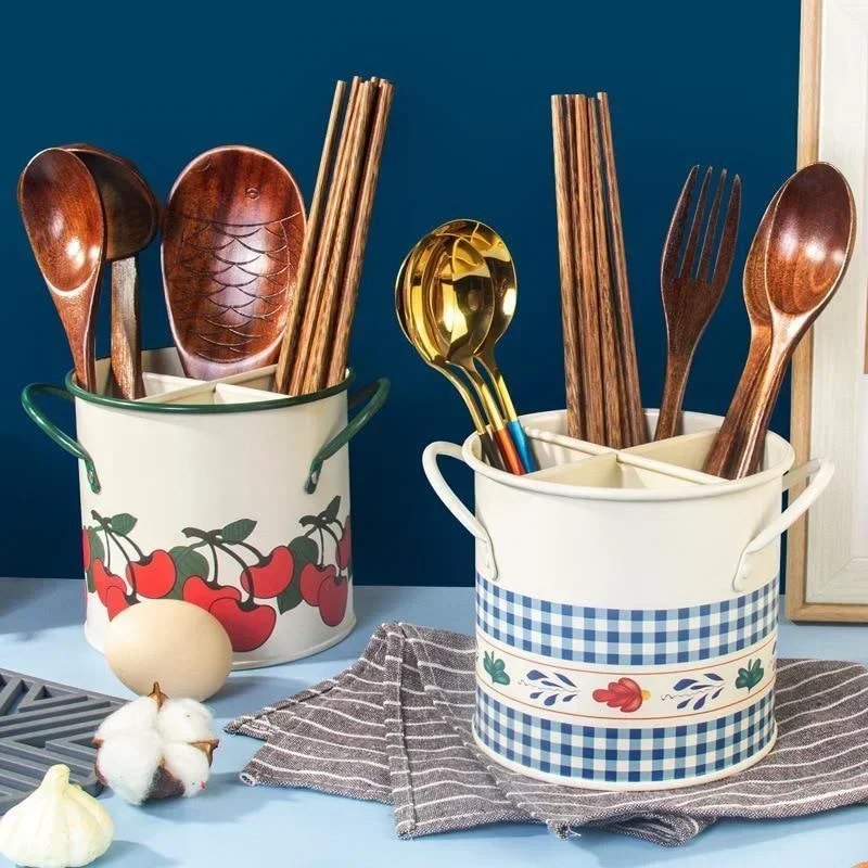 Seau de rangement de vaisselle rétro, égouttoir avec séparateur, boîte de rangement de couteaux et fourchettes de cuisine, décoration de la maison pour outils de cuisine