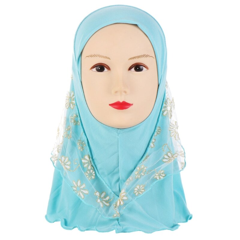 Children Kids Muslim Small Girl Hijab With Lace Flower Pattern Islamic Scarf Shawls Stretch 56cm 7-11 Years Old: B