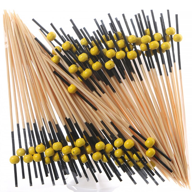 100PCS Gold Beads Bamboo Fruit Sticks For Kids Cocktail Decoration Picks Salad Sandwich Buffet Toothpicks Wedding Party Supply: Black Yellow Style