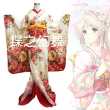 Women Japanese Traditional Blue green Furisode Long Kimono Dress Cosplay Costume outfit