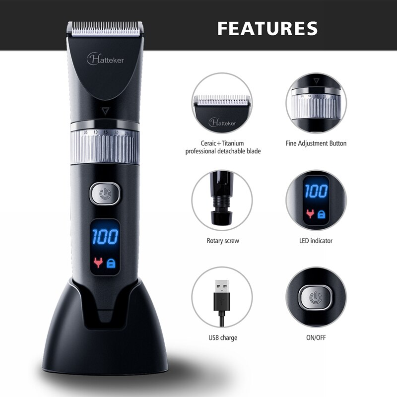 HATTEKER Hair Clipper Keramik Klinge Wasserdichte Elektrische Haar Trimmer Led-anzeige Haarschnitt Maschine für Männer