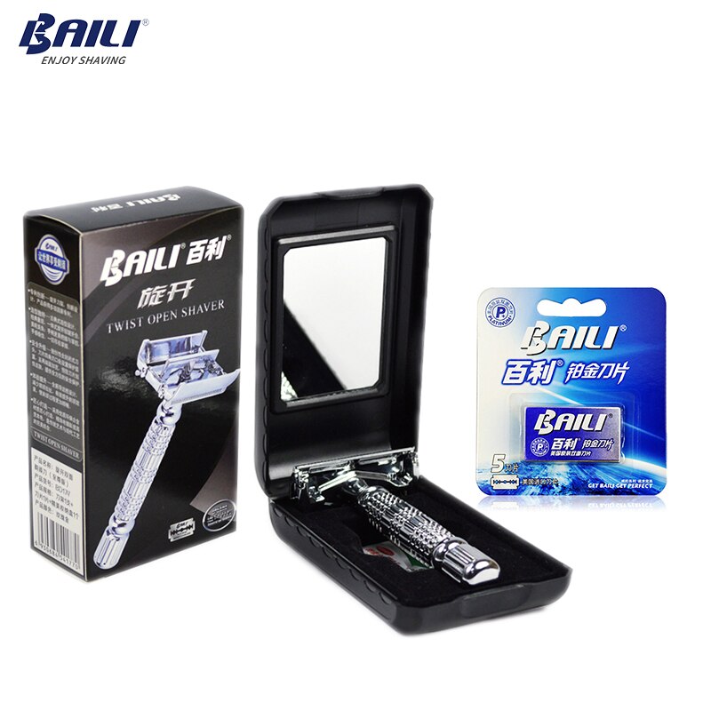 BAILI Luxury Stainless Manual Safety Blade Razor Double Edge Shaver Beard Shaving for Men with Mirror Case +6 Blades BD179