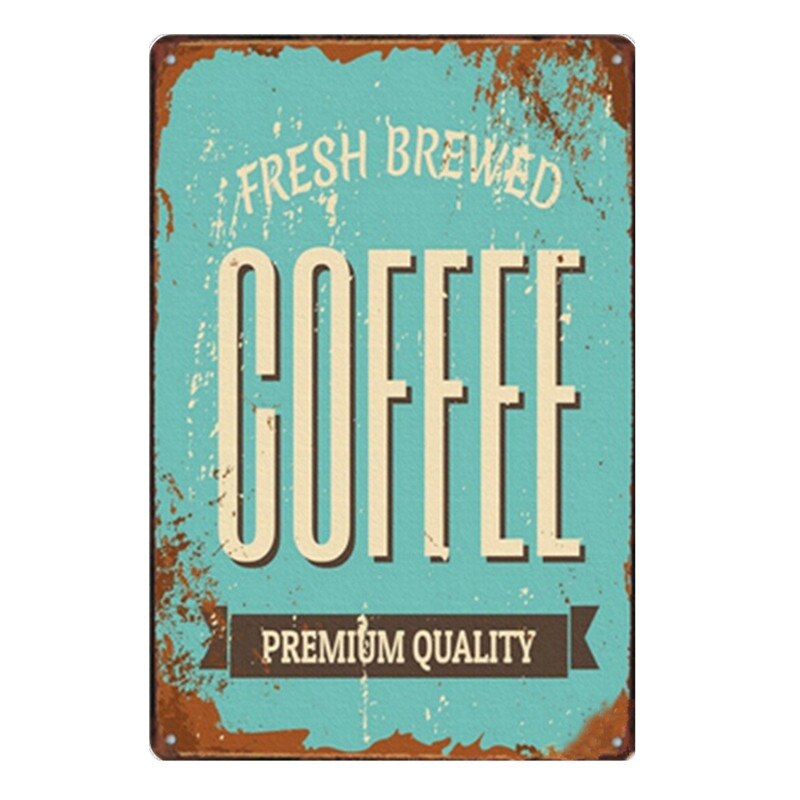 Holde roen drikke kaffe kafé butikk kjøkkeninnredning vintage blikkskilt shabby kunst hengende jernmalerier metallplaketter plateplakater