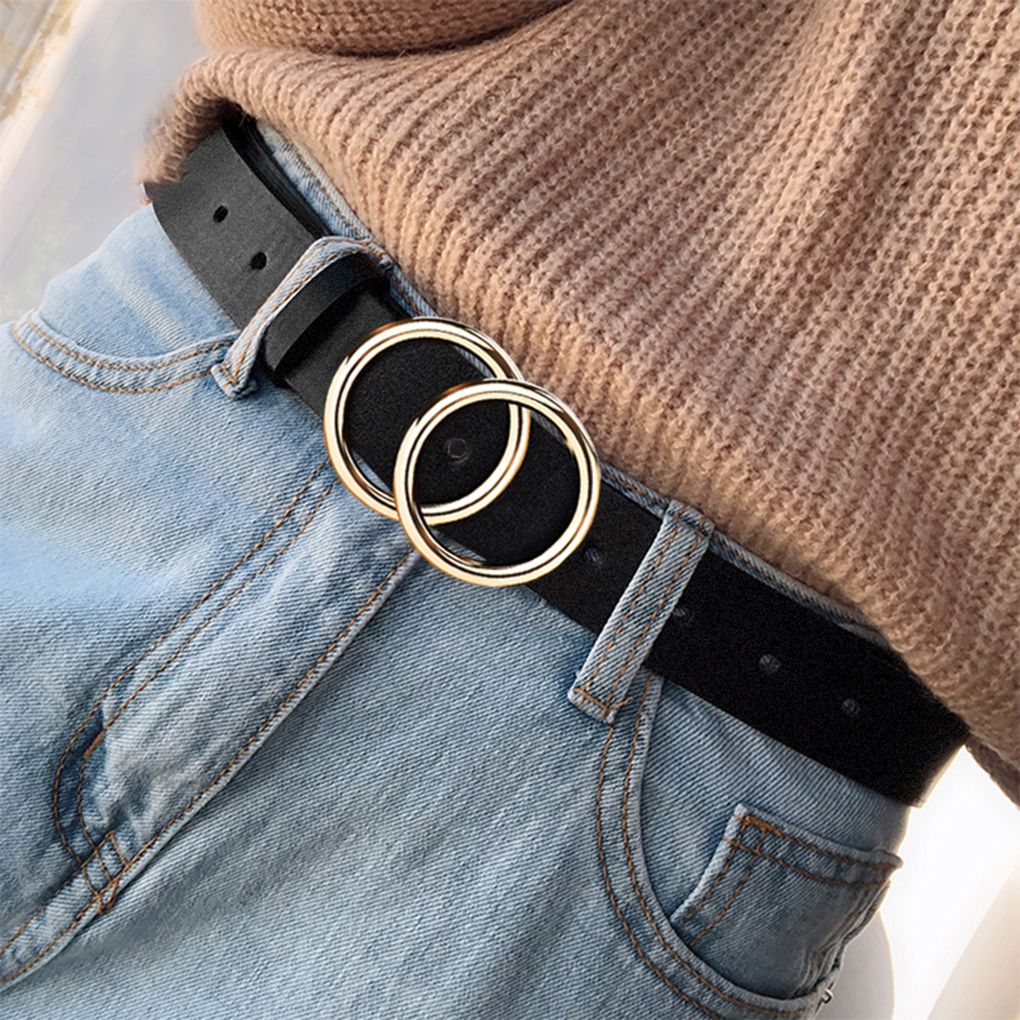 Vintage Double Ring Circle Round Buckle Button Belt Leisure Jeans Dress Women Leather Belt Simple Girls