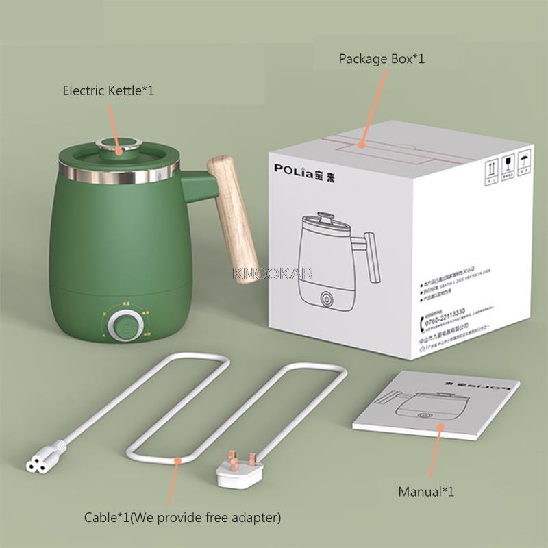 Tetera eléctrica portátil de acero inoxidable, 400ML, 200W, calentador instantáneo, tetera térmica para viaje y oficina: Green(Wooden Handle) / EU