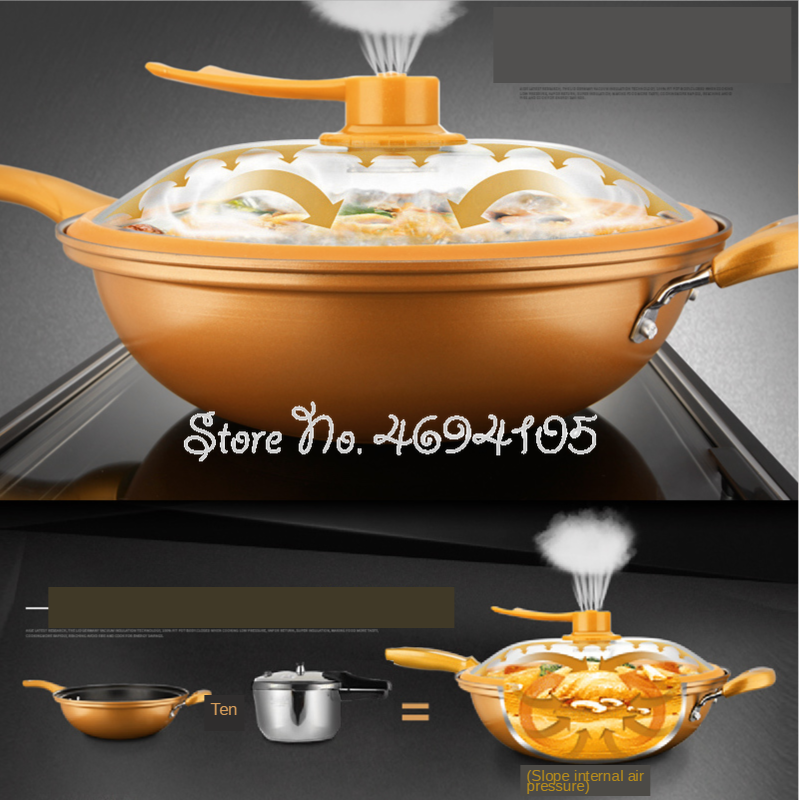 Vacuüm Wok Non Stick Pan Met Cover Geen Olie Rook Pot Ijzeren Pot Huishouden Keuken Inductie Fornuis Universele Pan