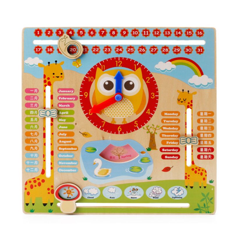 Kids Children Educational Teaching Aids Wooden Clock Cognitive Calendar Clock Wood Kids Preschool Clock