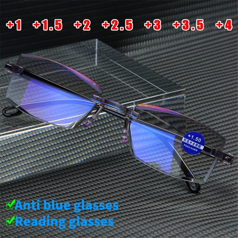 Óculos de leitura homem sem aro diamante-corte de luz e filme azul grau completo + 1.0 + 1.5 + 2.0 + 2.5 + 3.0 + 3.5 + 4.0 + óculos anti-azul