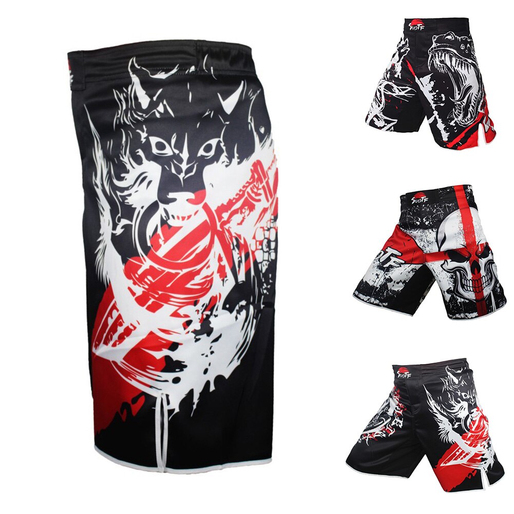 Män boxningsshorts bagageutrymme polyester gripande polyester sport kickboxning muay thai bur slåss skalle stil