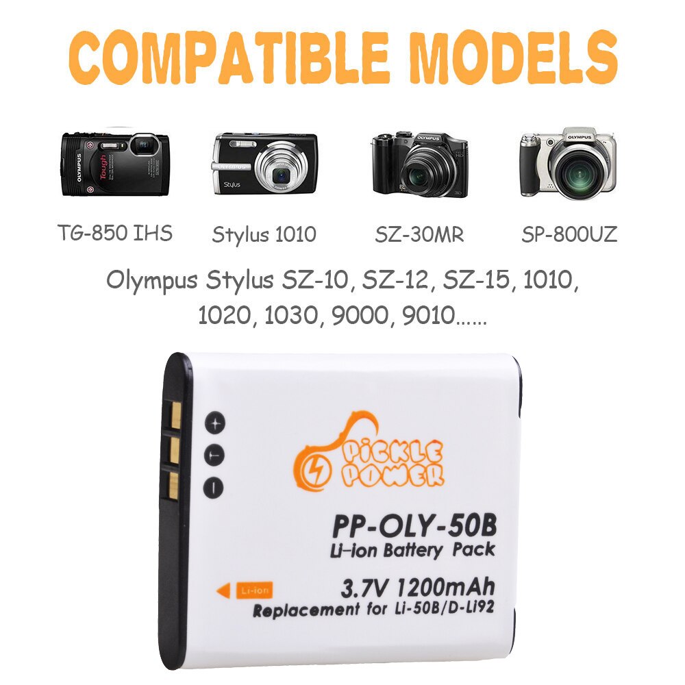 1200mAh Li-50B Battery for Olympus SZ-15, SZ-16 iHS, Tough 6000, 6020, 8000, TG-630 iHS, TG-820 iHS, TG-830 iHS, TG-850, TG-870