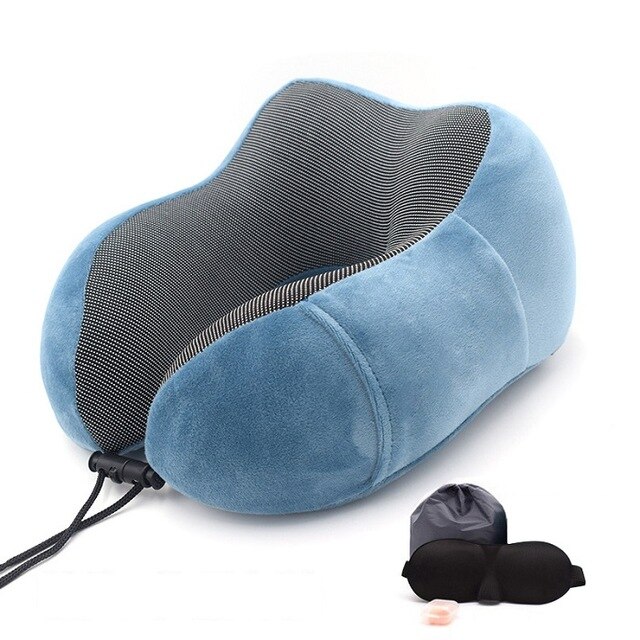 Travel Pillow Memory Foam Neck and Cervical Pillow for Airplane Car Office Napping Pillows U Shape Flight Head Chin Support Cush: Blue Set