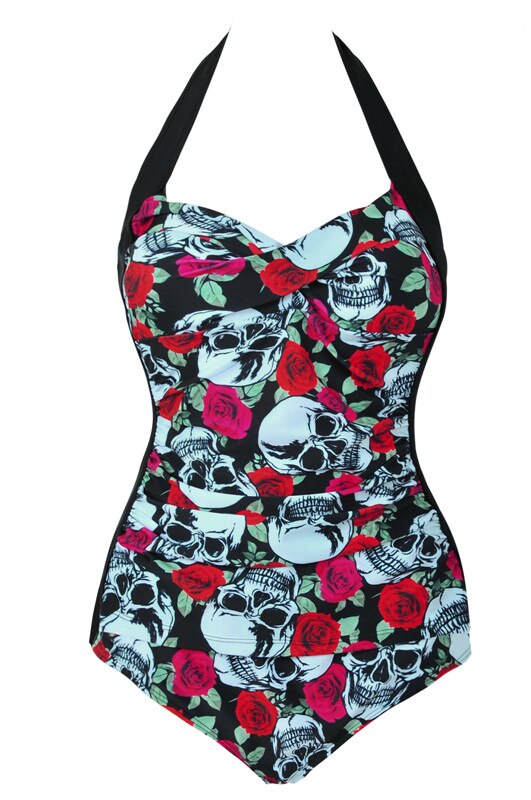 Tony Sexy Women One Piece Swimsuit Push Up Skull/Rose Skull Print Halter Backless Beachwear High Waist Swimwear Plus Size M~4XL