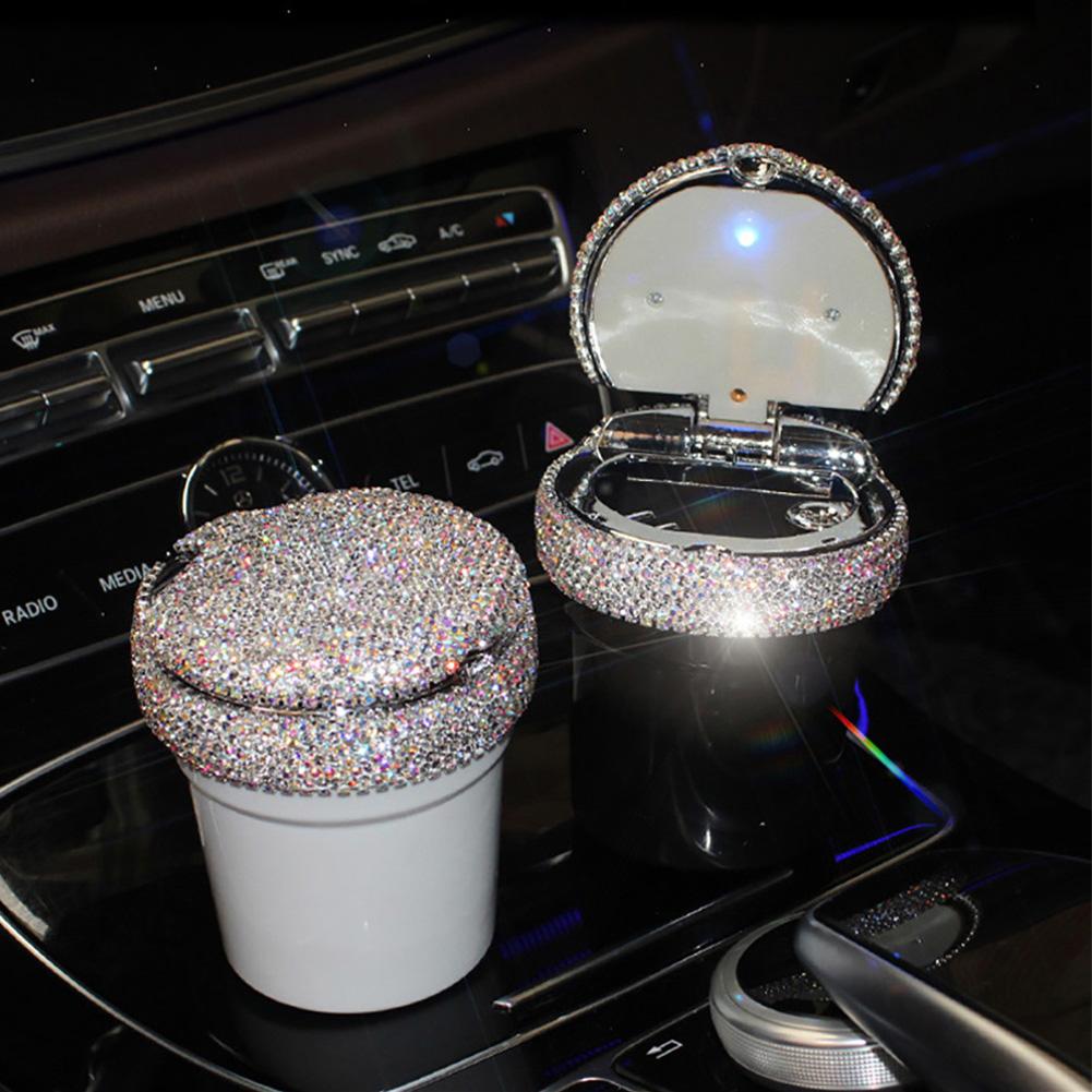 Draagbare auto-asbak met led-lichtjes en bekerhouder met strass-steentjes