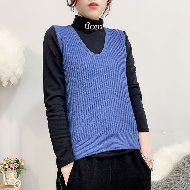 Strikket vest med v-hals, koreansk stil ensfarvet vest til kvinder løs vest stribet slim sweater frakke