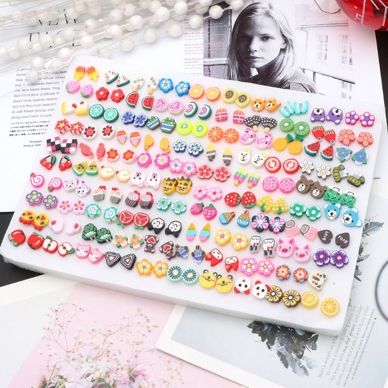 100 Pairs Assorted Styles Polymer Clay Hypoallergenic Stud Earrings Lot for Kids