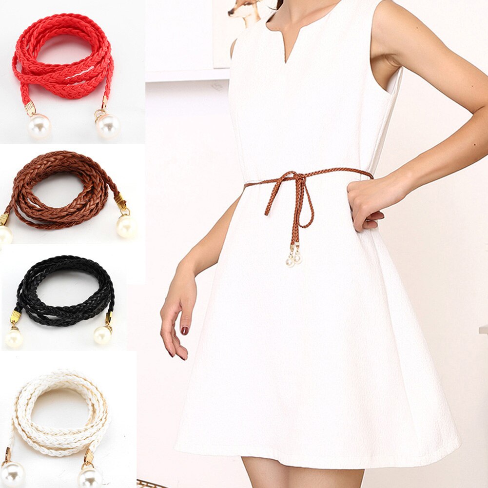 Thin Braid Women Belt Woven Tassel Pearl Waist Strap Boho Girls Waistband Waist Rope Waist Belts For Dress Accessories