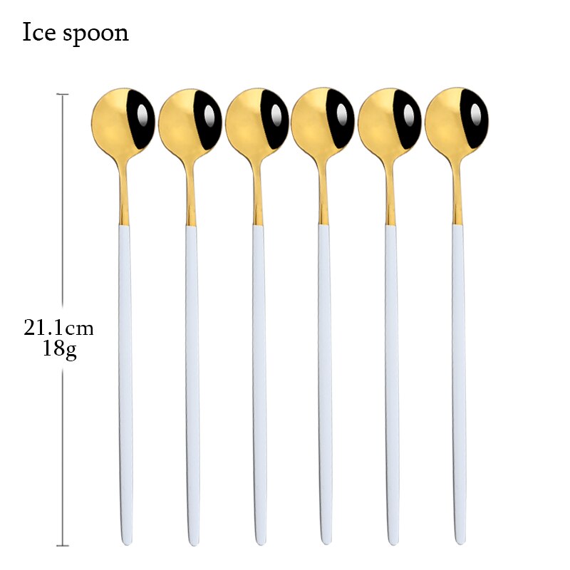 6Pcs White Gold Cutlery Set Stainless Steel Dinnerware Set Spoons Tableware Forks Cutlery Flatware Set Knives Spoons Mirror: Ice spoon