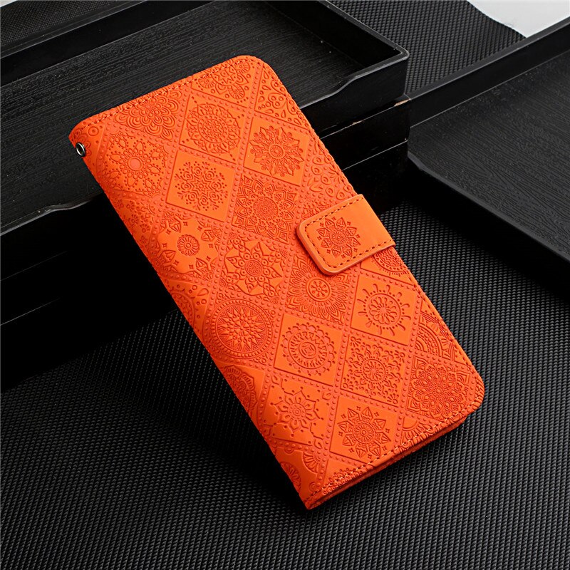 Funda de cuero para Samsung A12, funda con billetera para Samsung Galaxy A12, SM-A125F, A 12, con soporte abatible, funda de teléfono con relieve Floral, Etui: Naranja