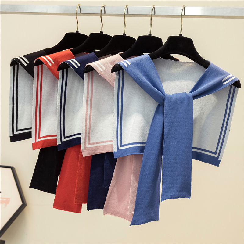 Korean College Navy Stripe Wool Knit Shoulder Cape Knotted Warm Shawl Summer Air Conditioned Room Protect Neck Woman&#39;s Scarf T56