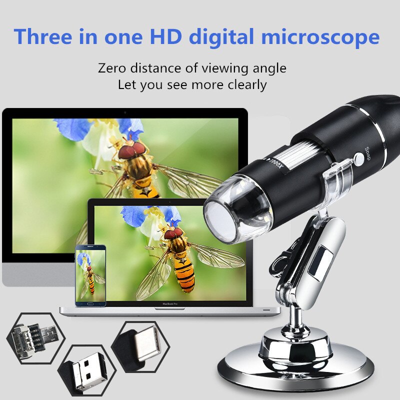 Adjustable 1000X/1600X USB digital microscope camera 3 in 1 electron microscope with 8LED light zoom magnifying glass