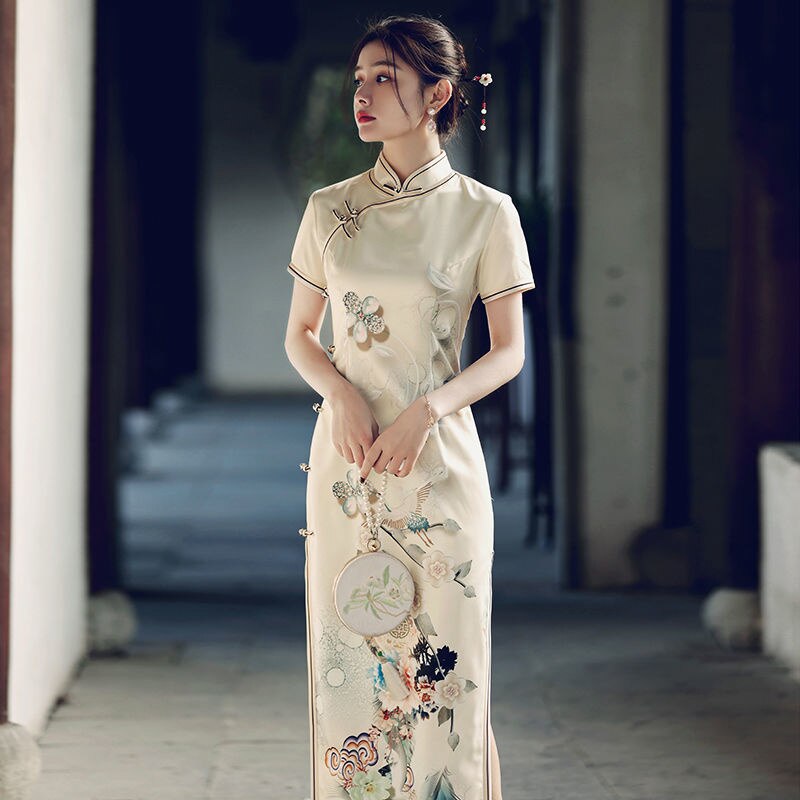 Girl Qipao Long Chinese Dress Modern Eleganti Women Traditional Cheongsams Hanfu Robe Orientale Summer Vintage Vestido Chino: S