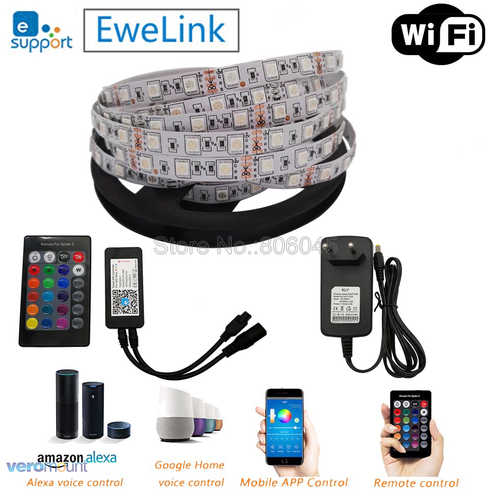 5m 12v 5050 fleksibelt ledet stripe sett rgb bånd  + 24 nøkkel ir fjernkontroll alexa google hjemme stemmekontroll (ewelink app) + strøm