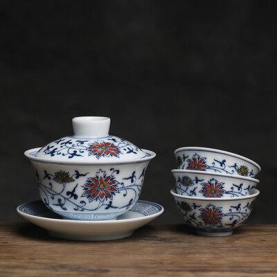 Chinese Style Hand Painted Tea Bowl Ceramic Blue And White Teacup Kung Fu Tea Set Vine Cup Tureen Porcelain Cup Gaiwan Chawan: Tureen and 3 cup
