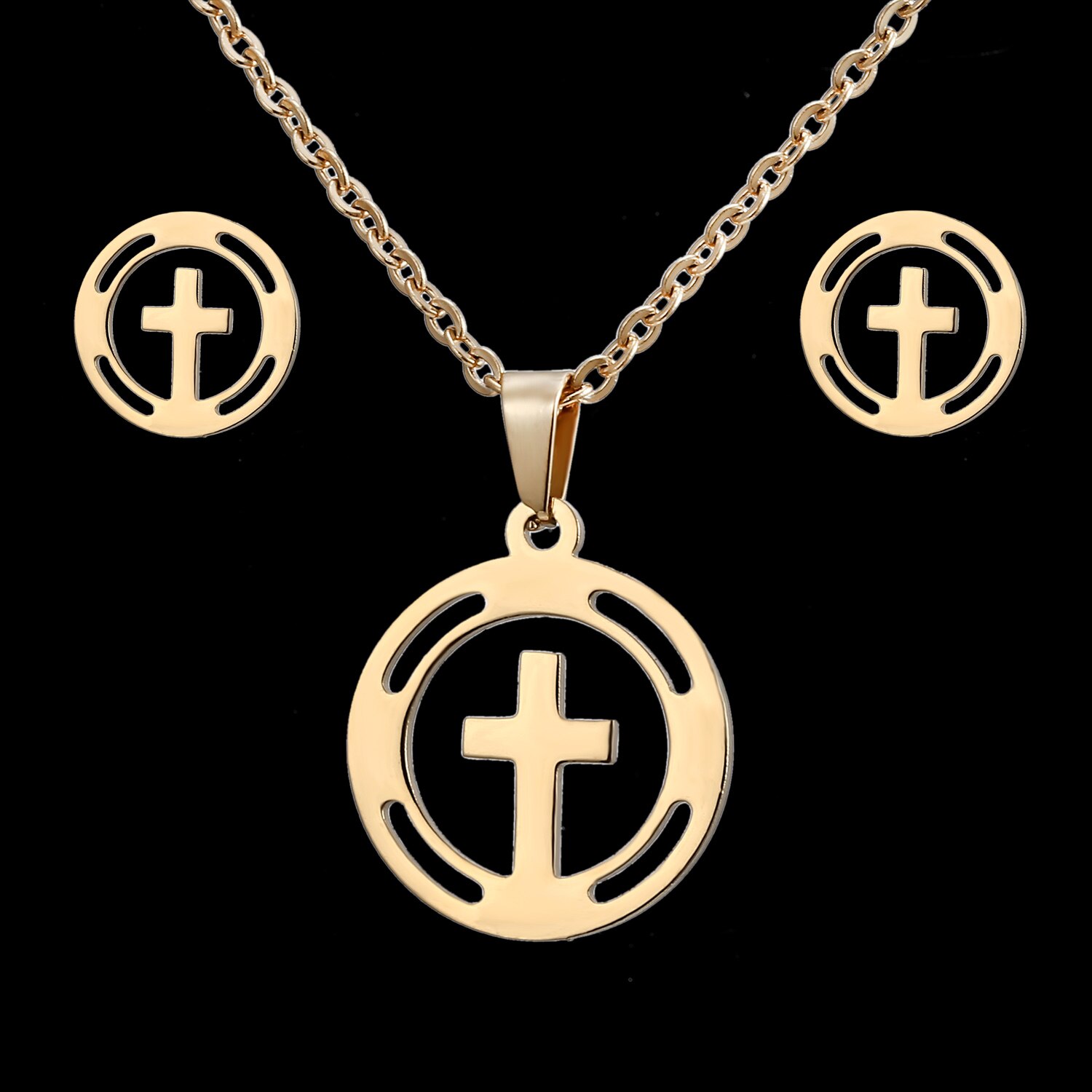 Rinhoo Goud Kleur Rvs Sets Voor Vrouwen Hart Kroon Liefde Cross Sterren Maan Ketting Oorbellen Set Bruid Bruiloft Sieraden: Cross