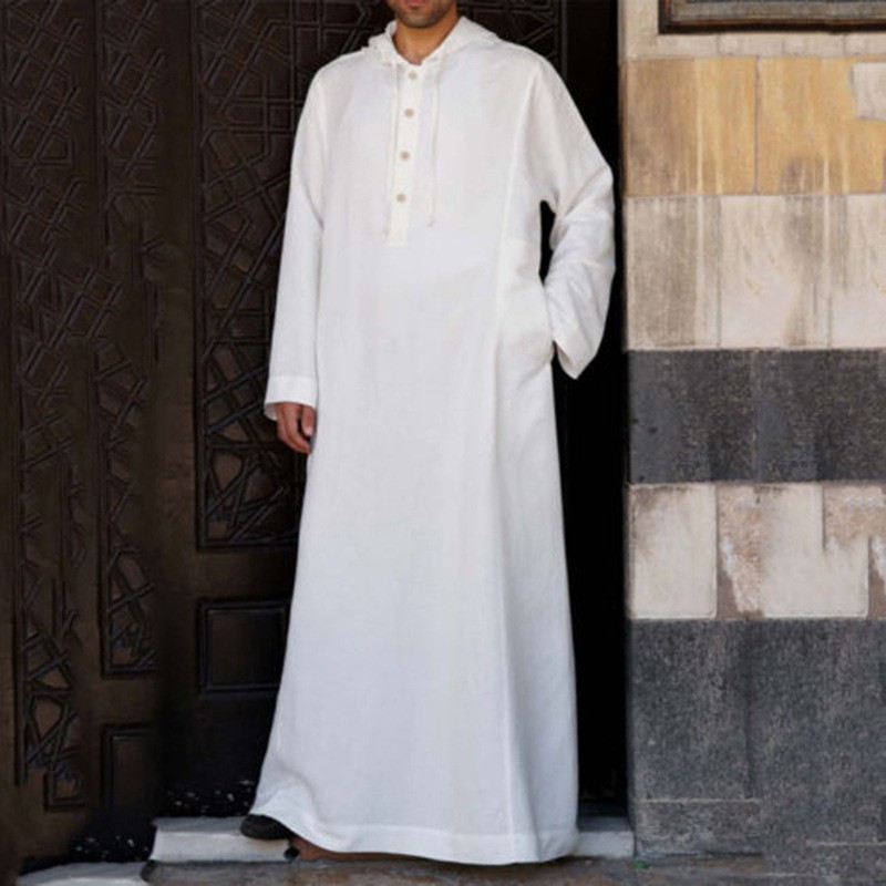 2024 estilo árabe simples longo masculino com capuz longo robe muçulmano roupas turco abaya moda islâmica cor sólida ramadan robe: 4XL / Bege