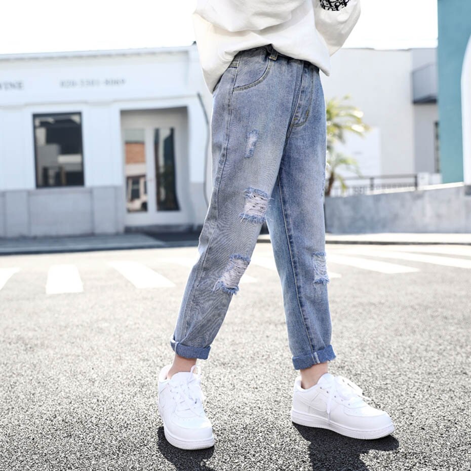 Mädchen Zerrissene Jeans Mit See Mädchen der Jeans Solide freundlicher Jeans Für Mädchen Elastische Taille freundlicher Jeans Kleidung 6 8 10 12 14