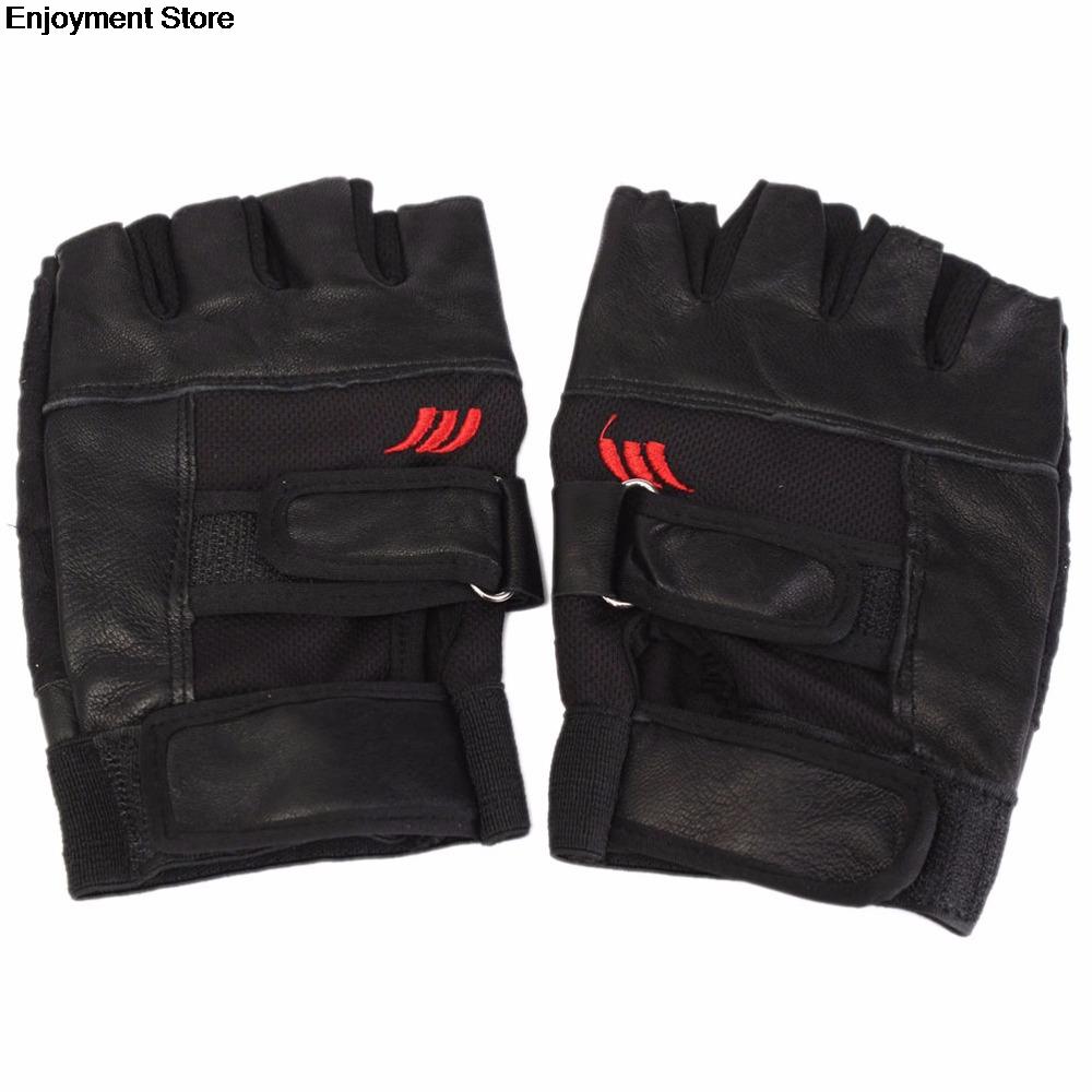 1 par män svart pu läder vikt lyft gym handskar träning handleds wrap sport träning träning fitness