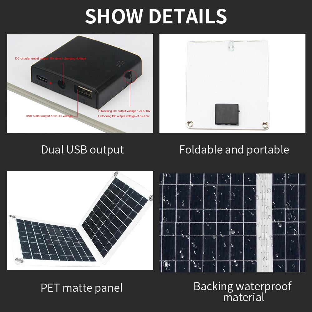 Panel Solar Flexible de 60W, Panel Solar monocristalino, plegable, doble USB, para teléfono, batería de coche, electrónica, 18V/12V/9V/6V