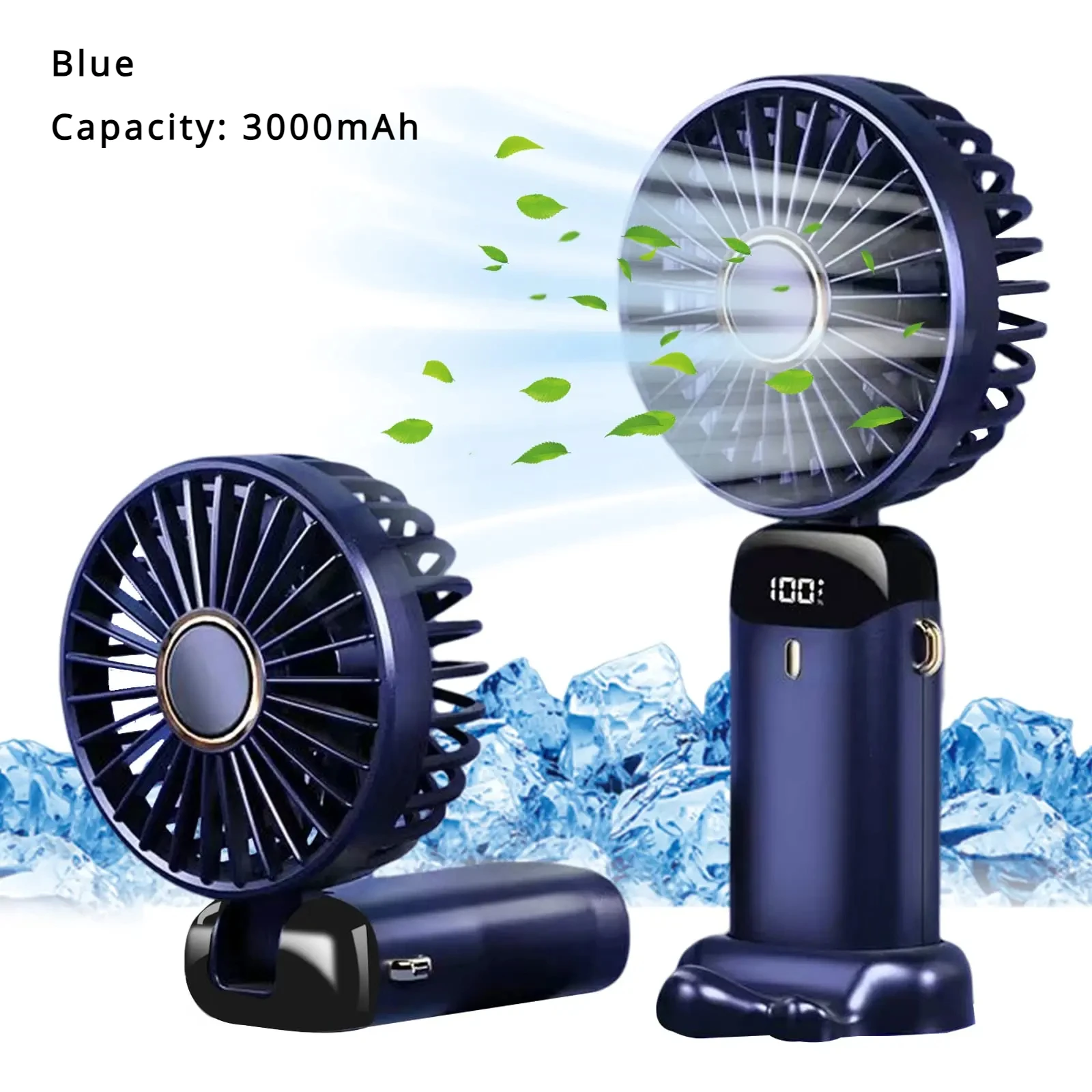 Ventilador Portátil 5000mAh Recargable 90 ° Mini aire acondicionado plegable de 5 velocidades, ventilador pequeño, enfriador de aire con pantalla digital LED: Negro