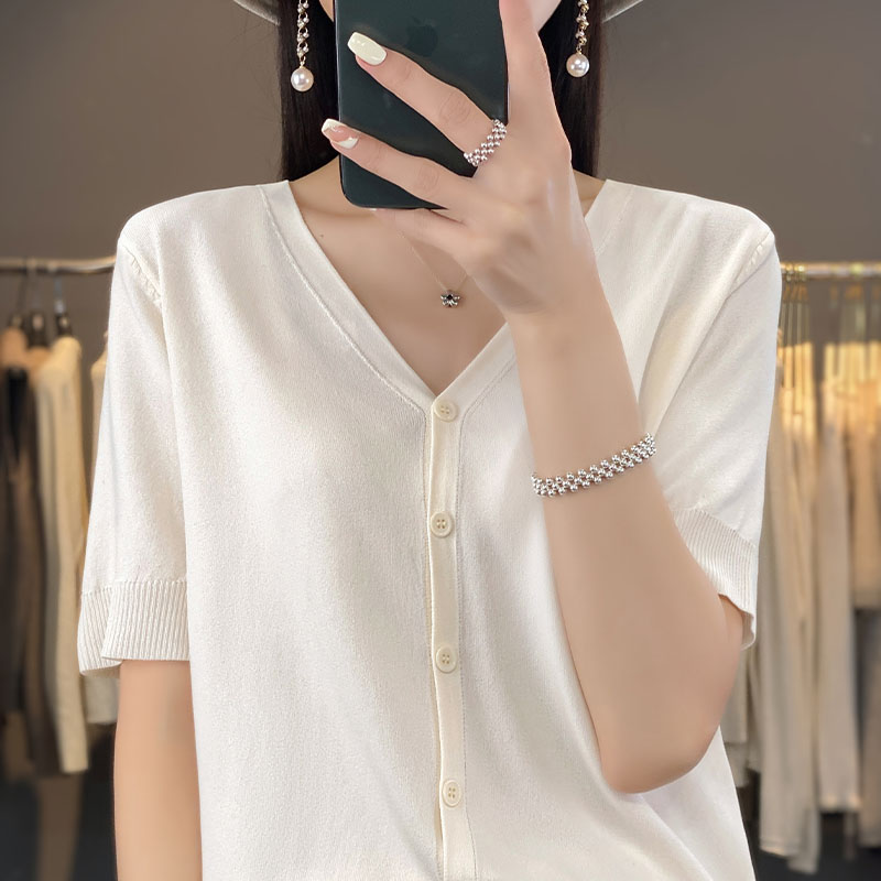 Lente En Zomer Nieuw Ijs Zijde Vest Korte Mouw V-Hals Joker Losse Dunne T-Shirt Trui Bottom Shirt Top