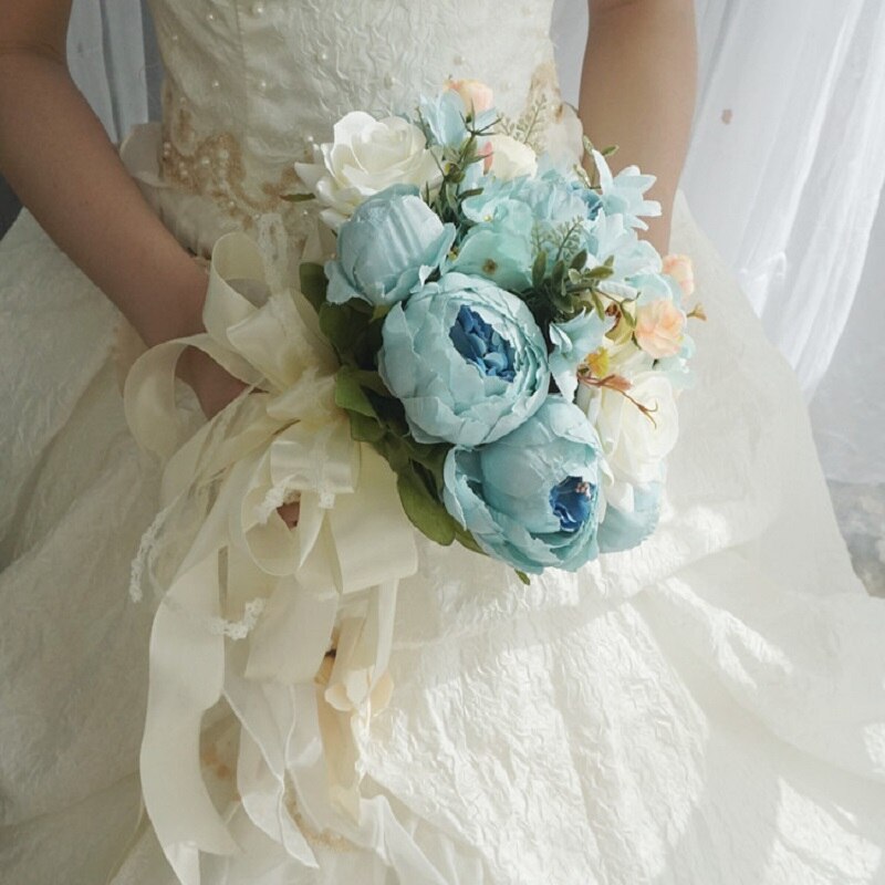 Pivoine bleue Bouquets de mariée Rose vraie touche femmes mariage fleur artificielle Bouquet Studio Photo Simulation tenant des fleurs