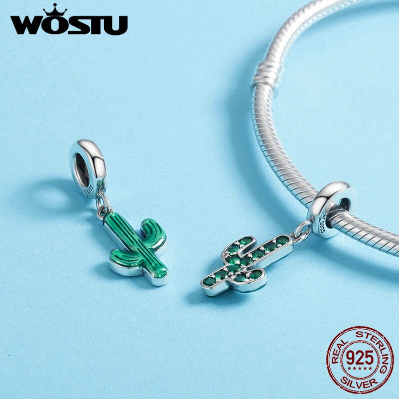 WOSTU 100% 925 Sterling Silver Forte Cactus Scintillante Verde DELLA CZ di Fascino Del Pendente adatti Delle Donne del Braccialetto di Fascino di Gioielli FAI DA TE FIC515
