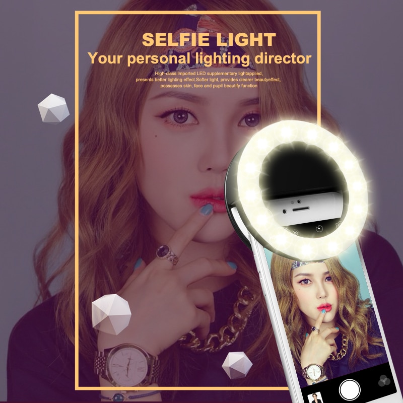 Draagbare LED Selfie Ring Licht Oplaadbare SmartPhone LED Flash Light Selfie Lichtgevende Ring Met USB Opladen voor iPhone Samsung