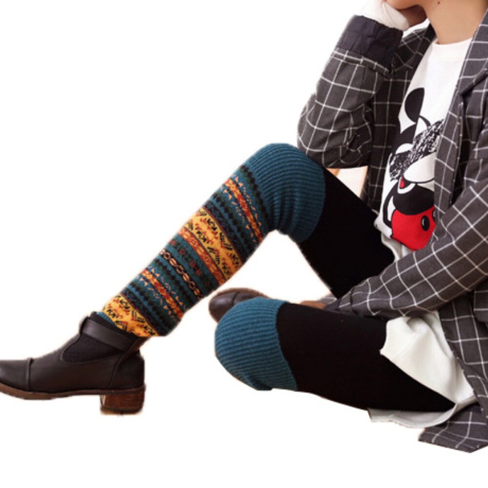 Vinter over knæ lange strikede sokker dækker hæklede benvarmer chic: E