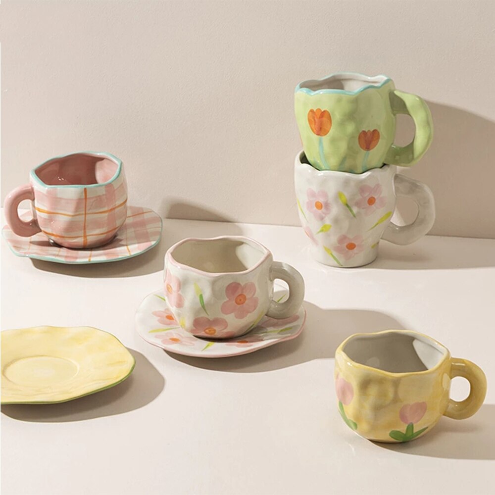 Tasse d'art en céramique avec soucoupe, tasse à eau en céramique avec pince à main, tasse à café, ensemble de tasse à jus de lait pour le petit déjeuner,